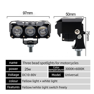 Three Eyeballs Motorcycle Spotlights LED Head Light Near Yellow Far White Auxiliary Light