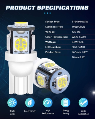 194 Automotive LED Light Bulbs 6500K Wedge T10 SMD 5050 Chips