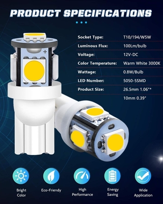 194 Automotive LED Light Bulbs 6500K Wedge T10 SMD 5050 Chips