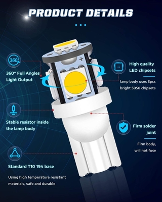 194 Automotive LED Light Bulbs 6500K Wedge T10 SMD 5050 Chips